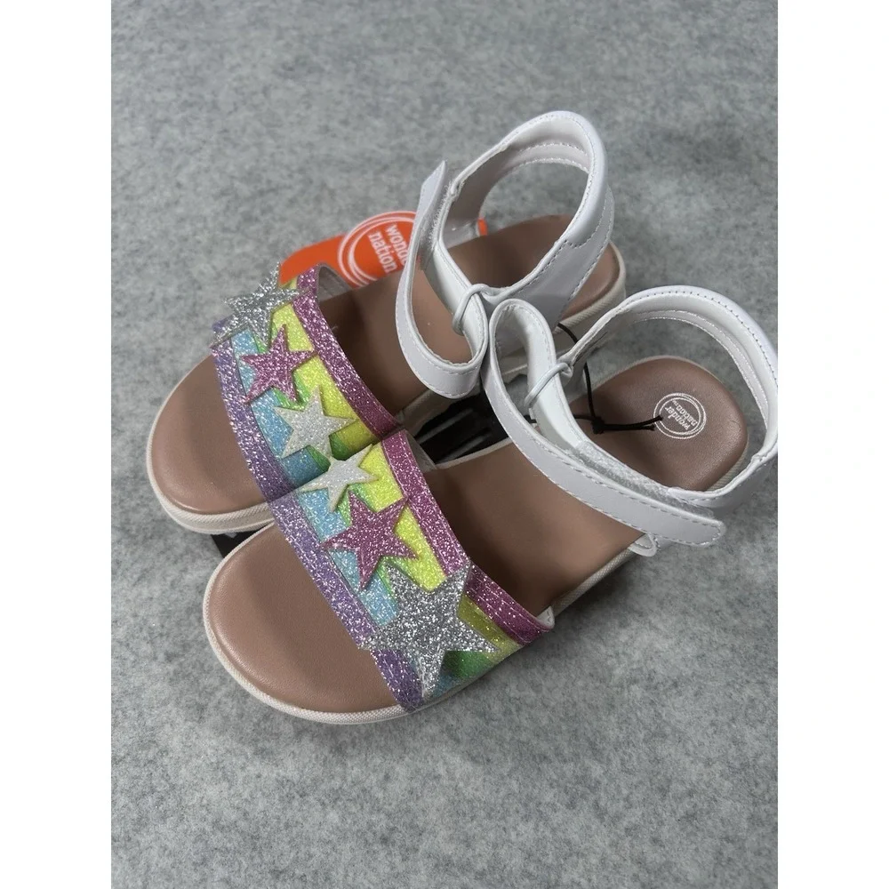 Wonder Nation Toddler Girls White Sandals Rainbow Stars Size 11 Adjustable NWT